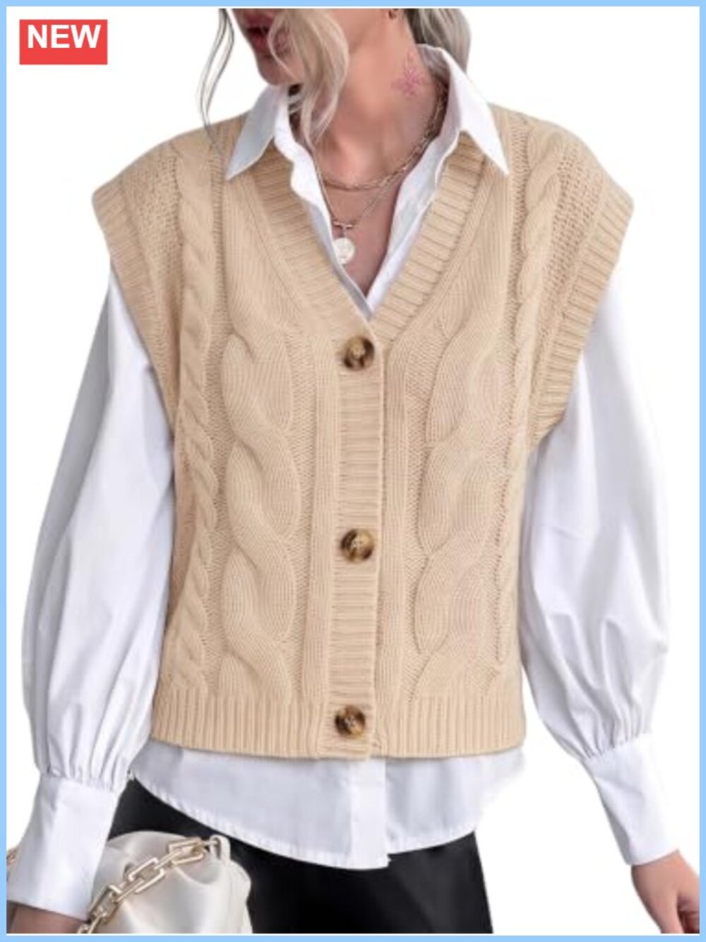 Chunky Cable Knit Sleeveless Button Down V Neck Sweater Vest